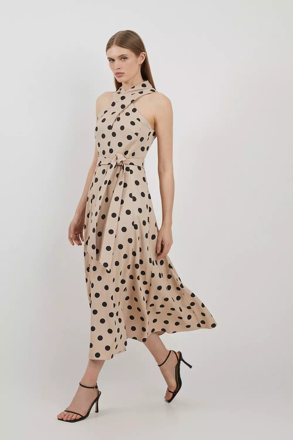 Polka Dot Premium Linen Tailored Halterneck Full Skirted Midi Dress Karen Millen