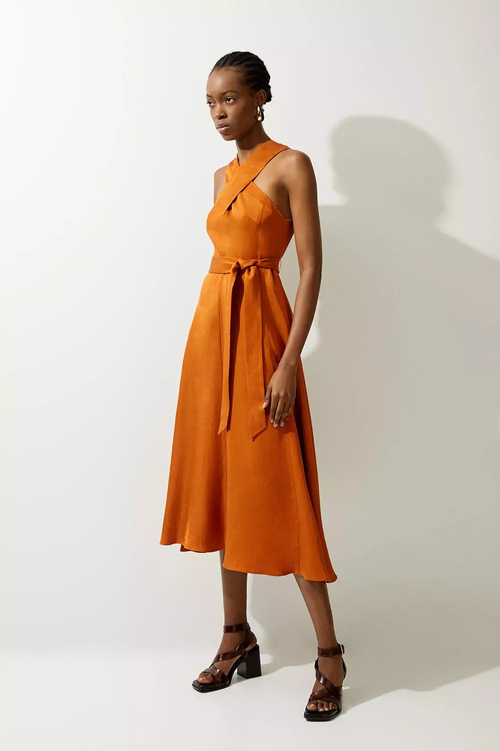 Premium Linen Tailored Halterneck Full Skirted Midi Dress Karen Millen