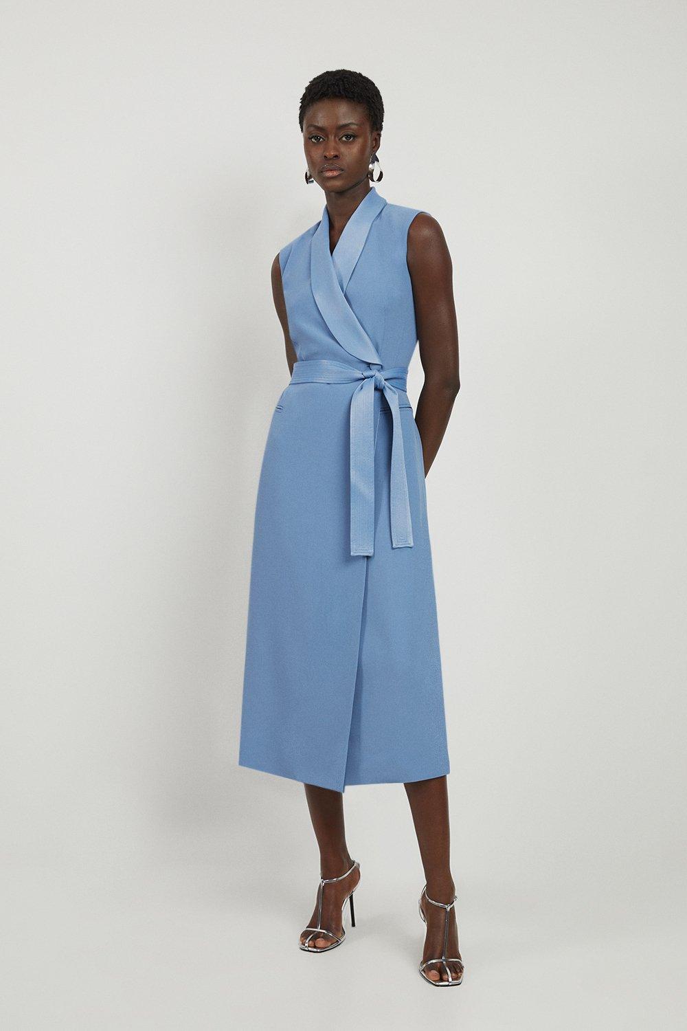 Satin Back Crepe Tuxedo Tailored Wrap Midi Dress | Karen Millen