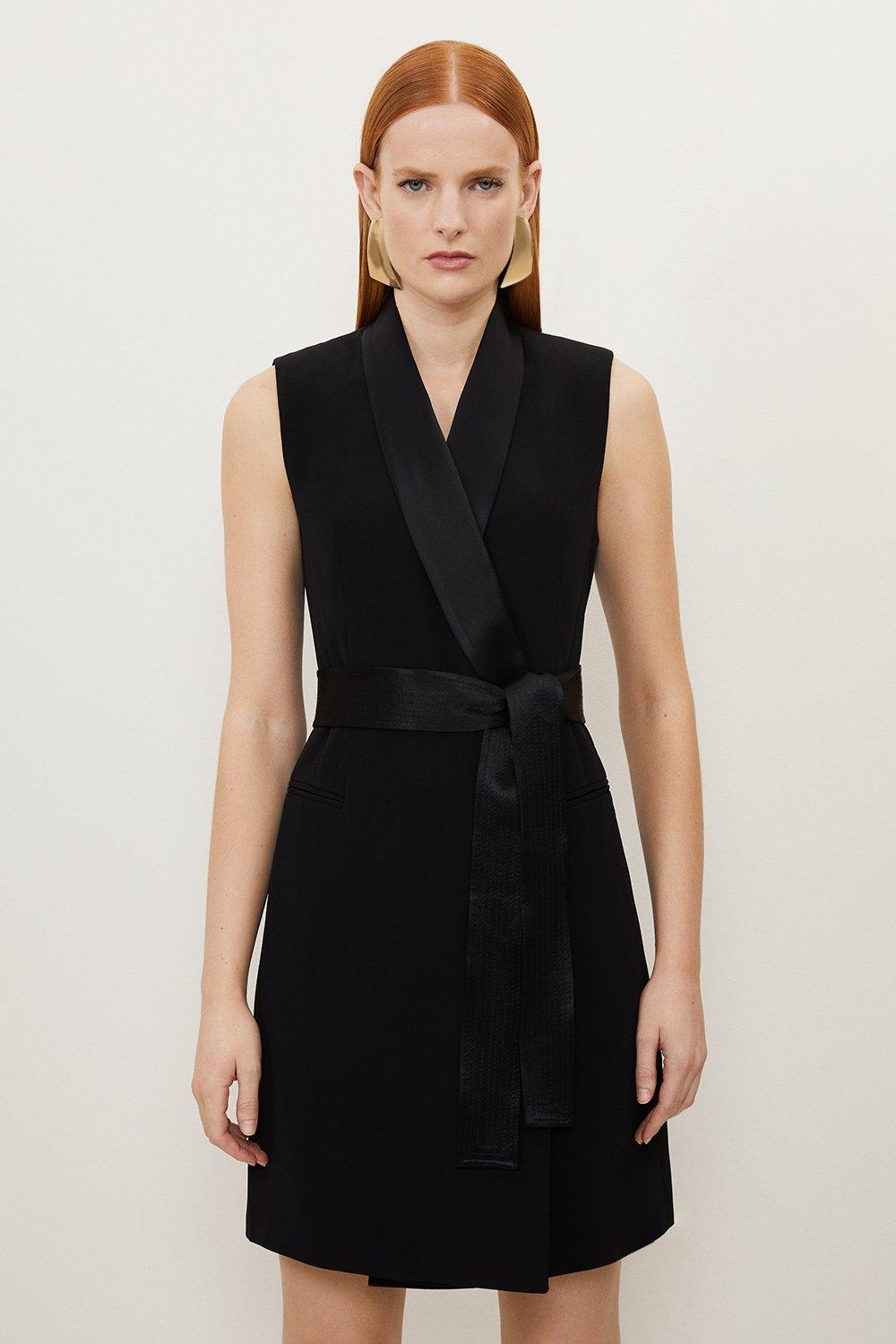 Satin Back Crepe Sleeveless Tuxedo Tailored Wrap Mini Dress Karen Millen