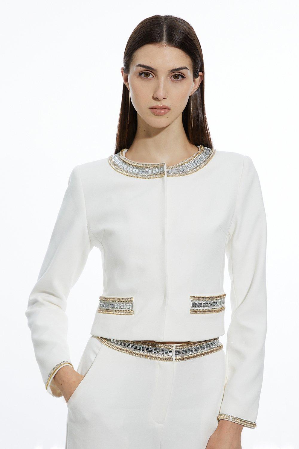 Ivory Embellished Detail Tailored Jacket