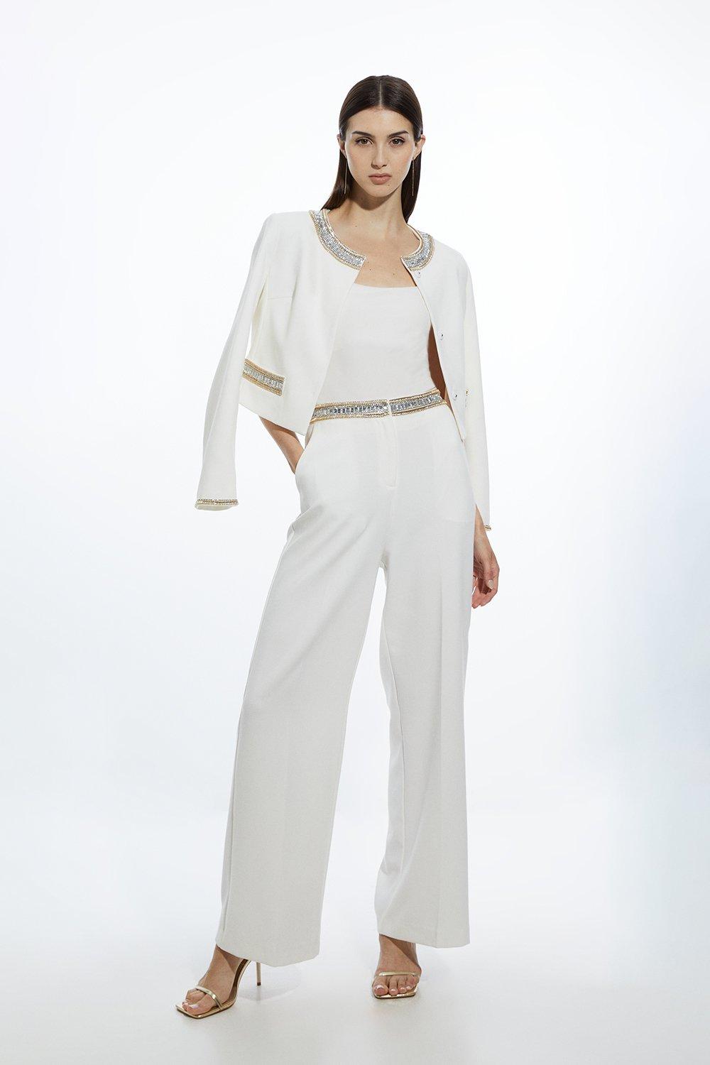 Ivory Embellished Waistband Straight Leg Tailored Pants