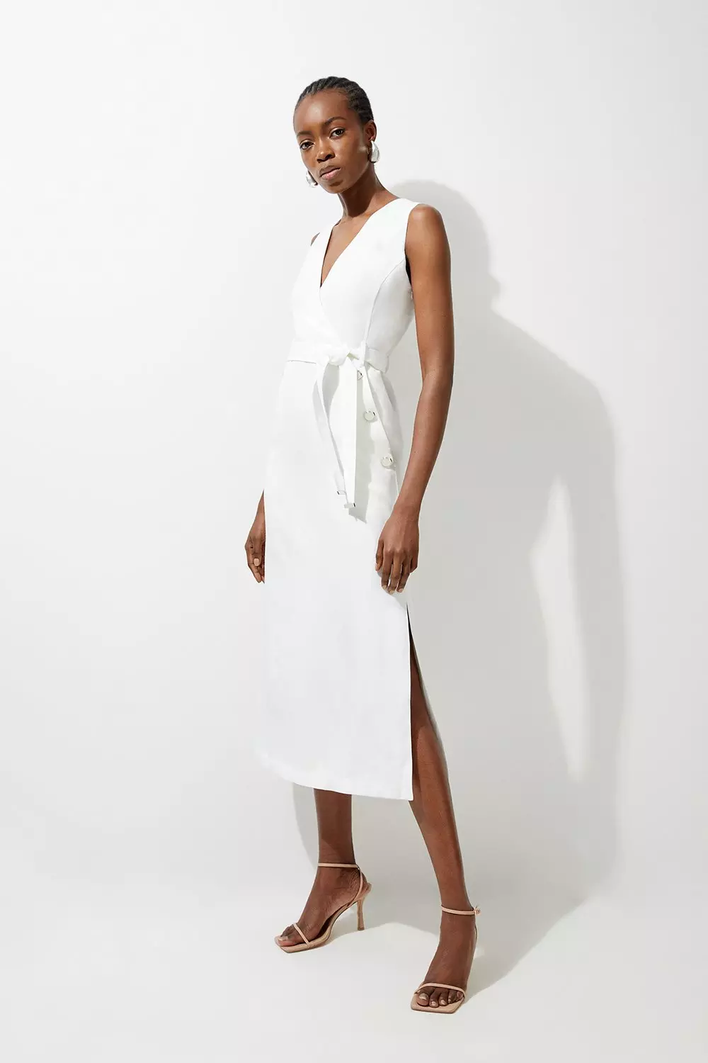 Premium Linen Tailored Button Detail Belted Midi Dress Karen Millen