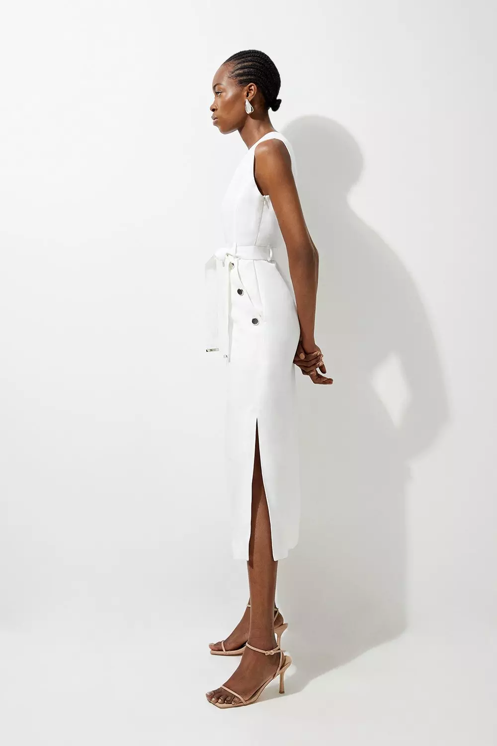 Premium Linen Tailored Button Detail Belted Midi Dress