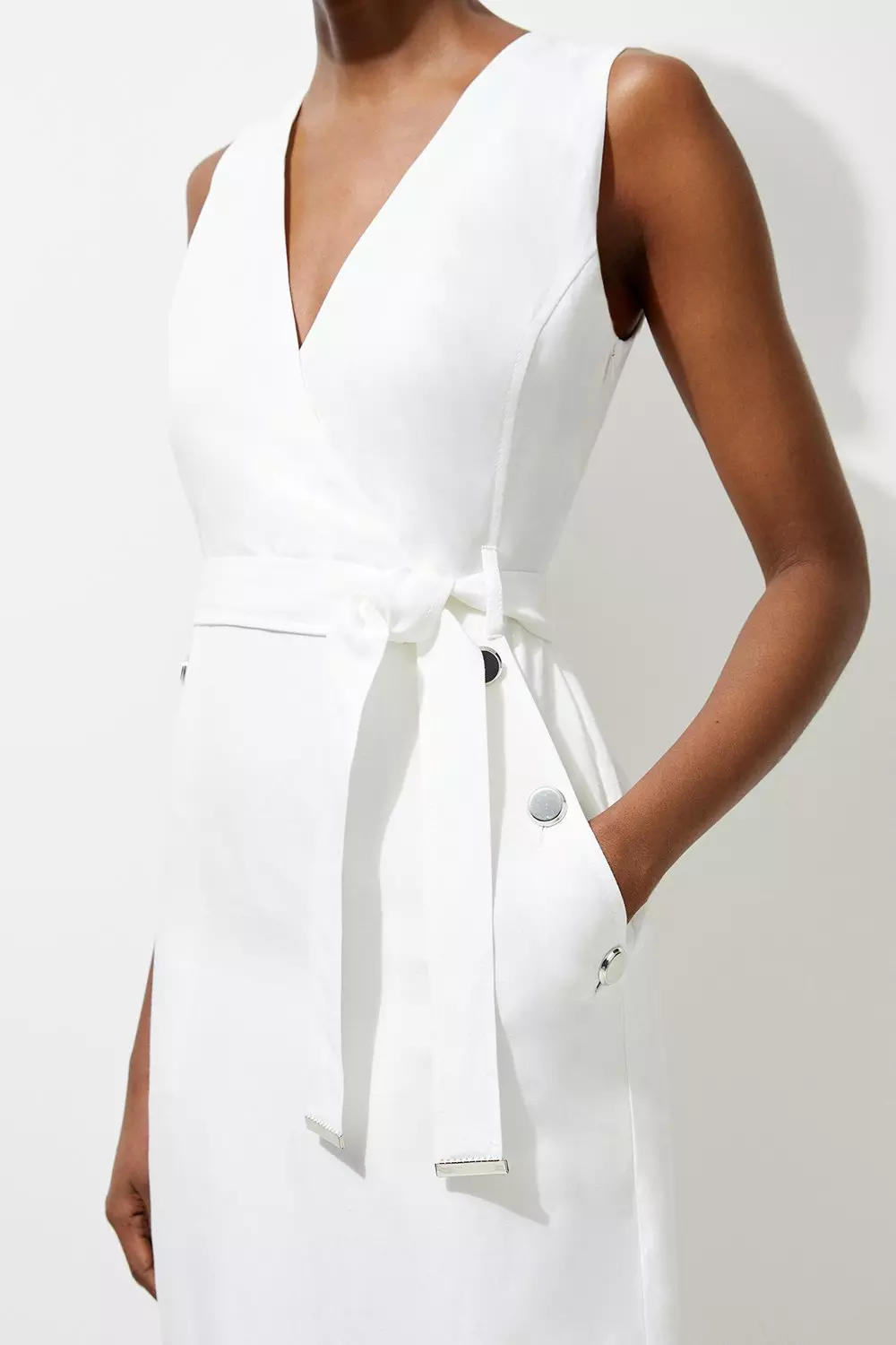 KAREN MILLEN 日本未入荷 ビスコースリネン ベルト プレイスーツ Premium Linen Tailored Button Detail Belted Midi Dress