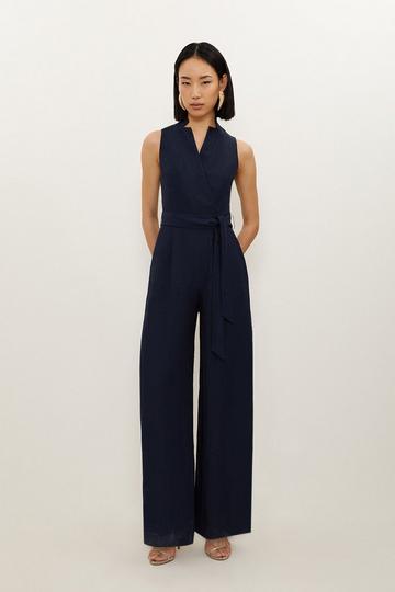 Premium Tailored Linen Notch Neck Belted Straight Leg Jumpsuit navy