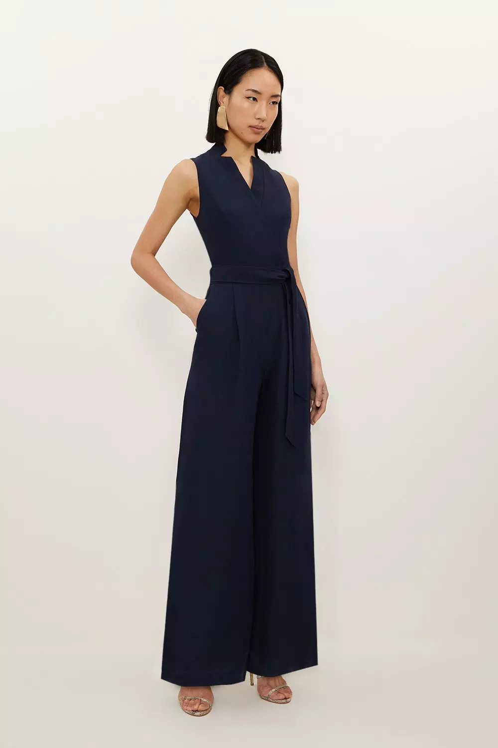 Premium Tailored Linen Notch Neck Belted Straight Leg Jumpsuit Karen Millen