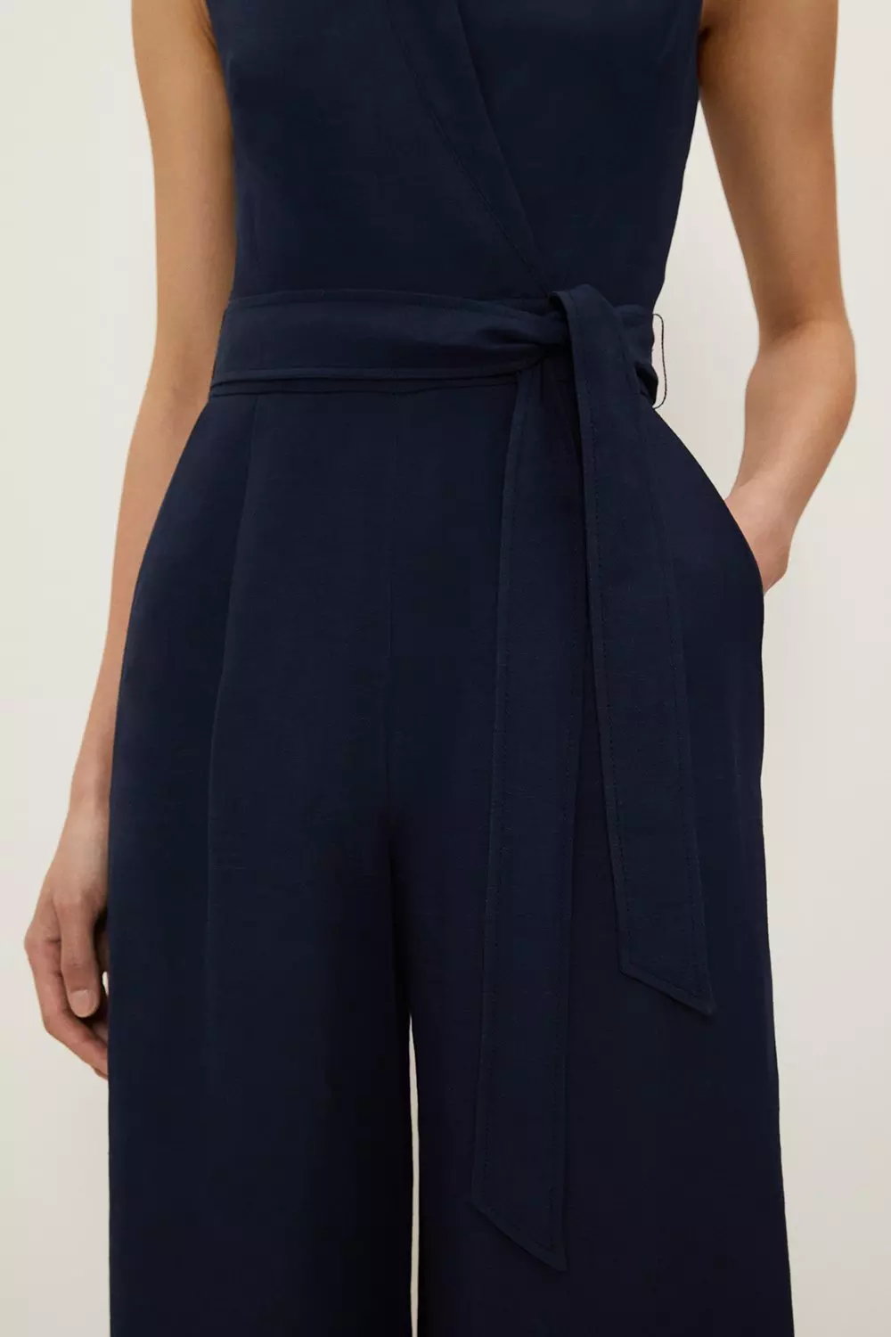 Premium Tailored Linen Notch Neck Belted Straight Leg Jumpsuit | Karen  Millen