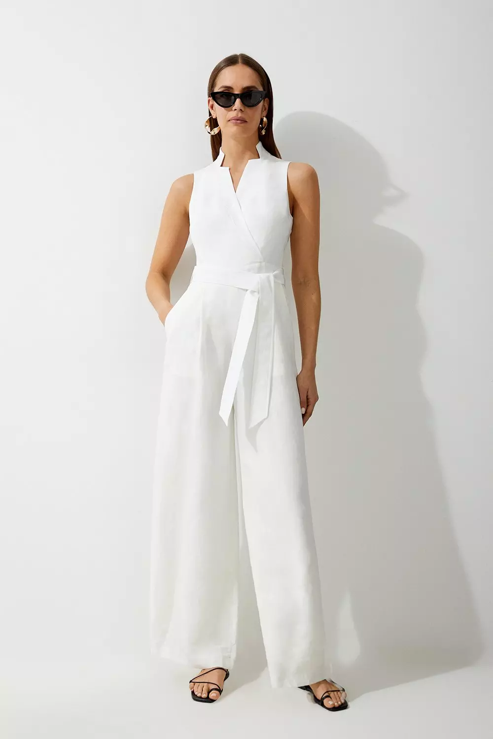 Ivory Premium Tailored Linen Notch Neck Belted Straight Leg Jumpsuit alternative image