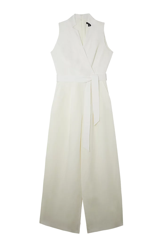 Premium Tailored Linen Notch Neck Belted Straight Leg Premium Tailored Linen Notch Neck Belted Straight Leg