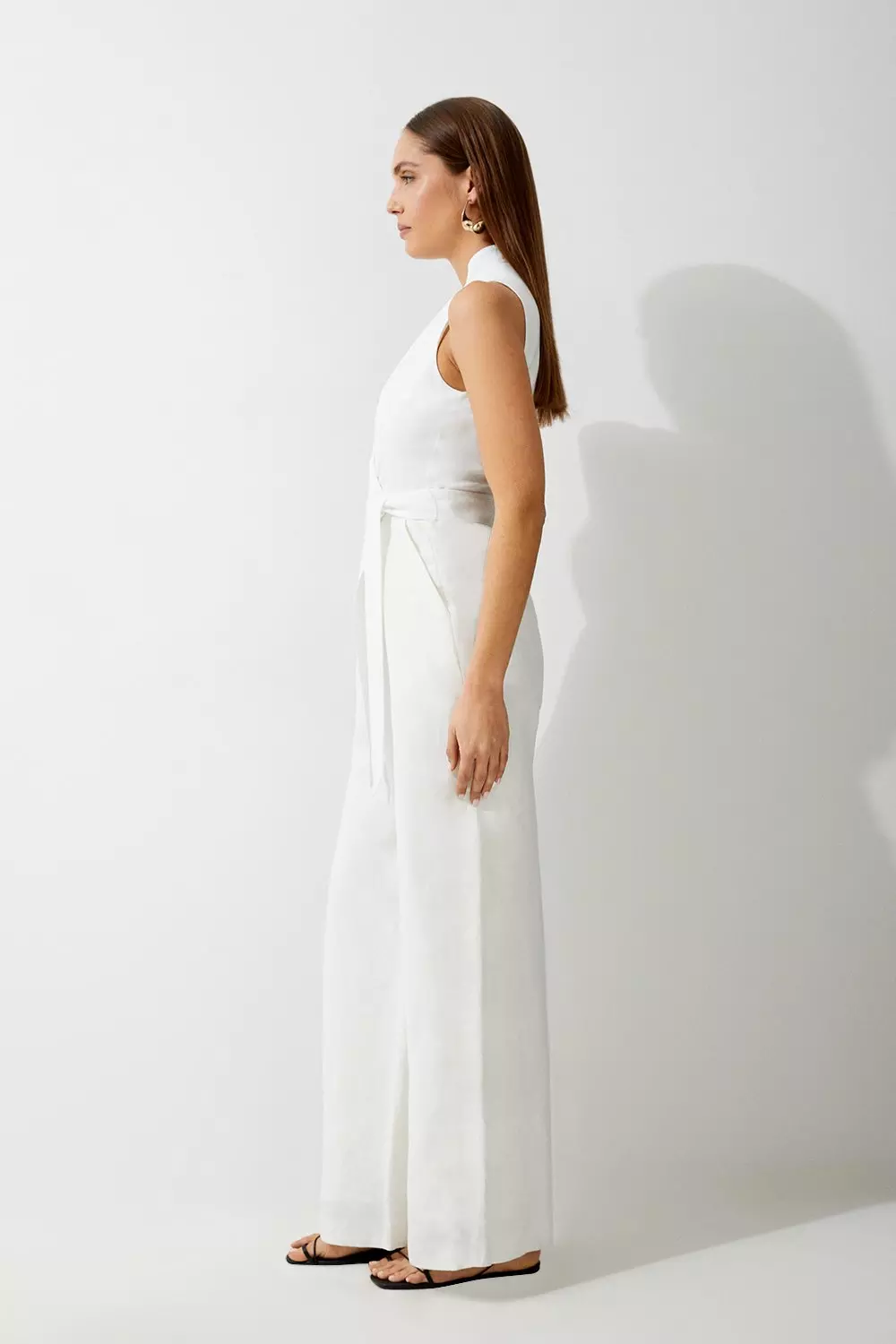 Ivory Premium Tailored Linen Notch Neck Belted Straight Leg Jumpsuit alternative image