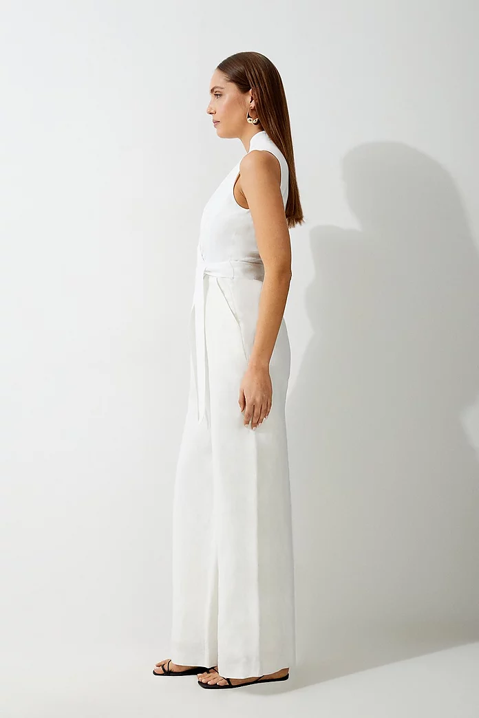 Premium Tailored Linen Notch Neck Belted Straight Leg Premium Tailored Linen Notch Neck Belted Straight Leg