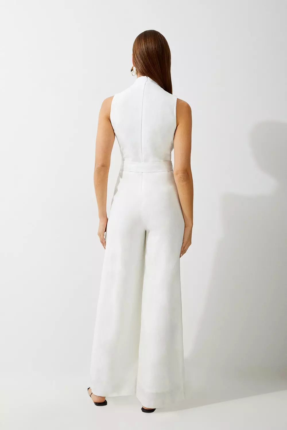 Ivory Premium Tailored Linen Notch Neck Belted Straight Leg Jumpsuit alternative image