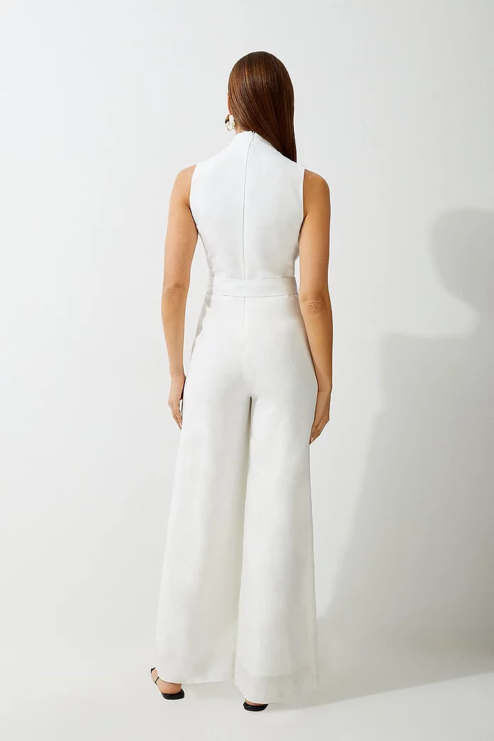 Premium Tailored Linen Notch Neck Belted Straight Leg Premium Tailored Linen Notch Neck Belted Straight Leg