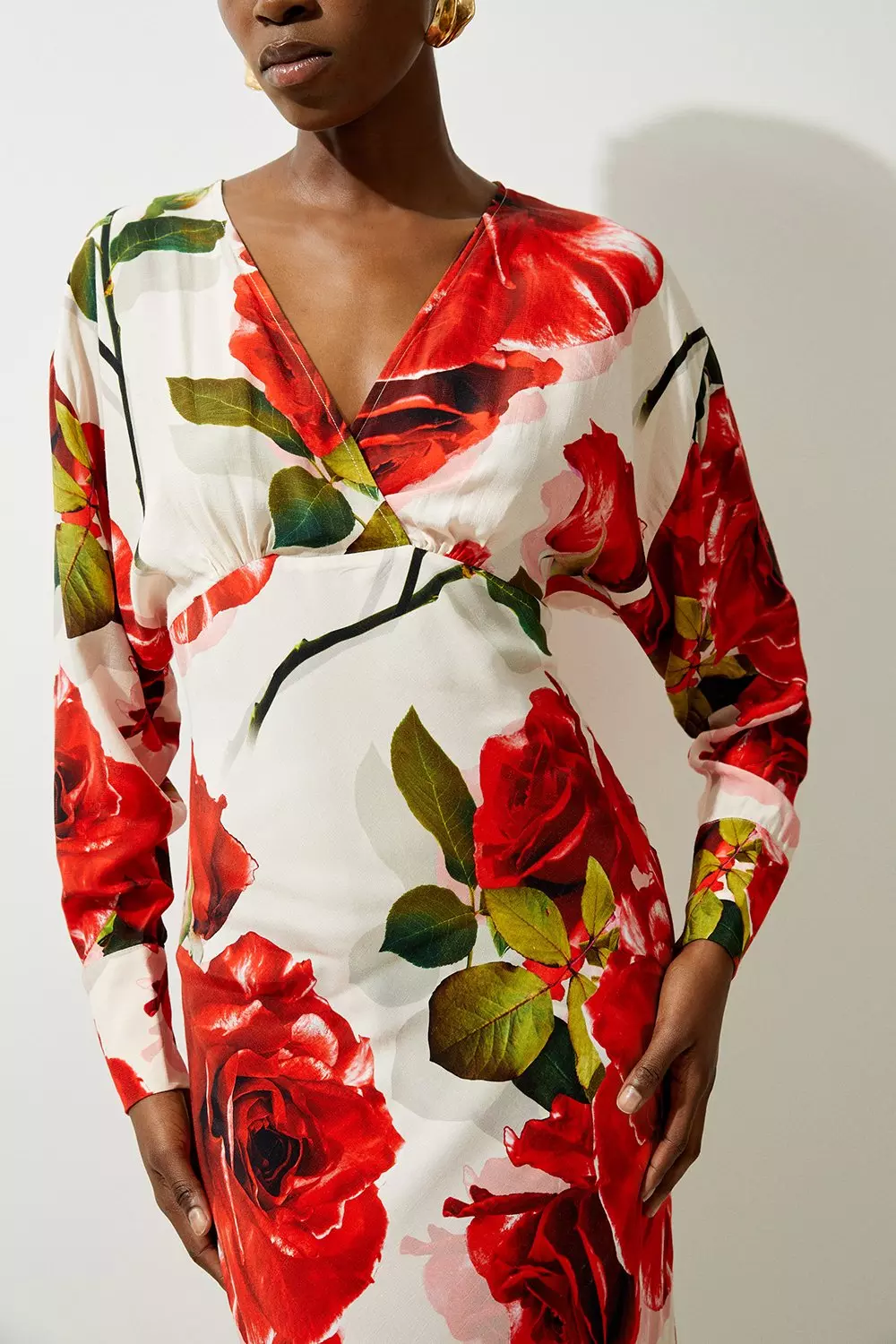 Rose Printed Morocain Woven V Neck Midaxi Dress | Karen Millen