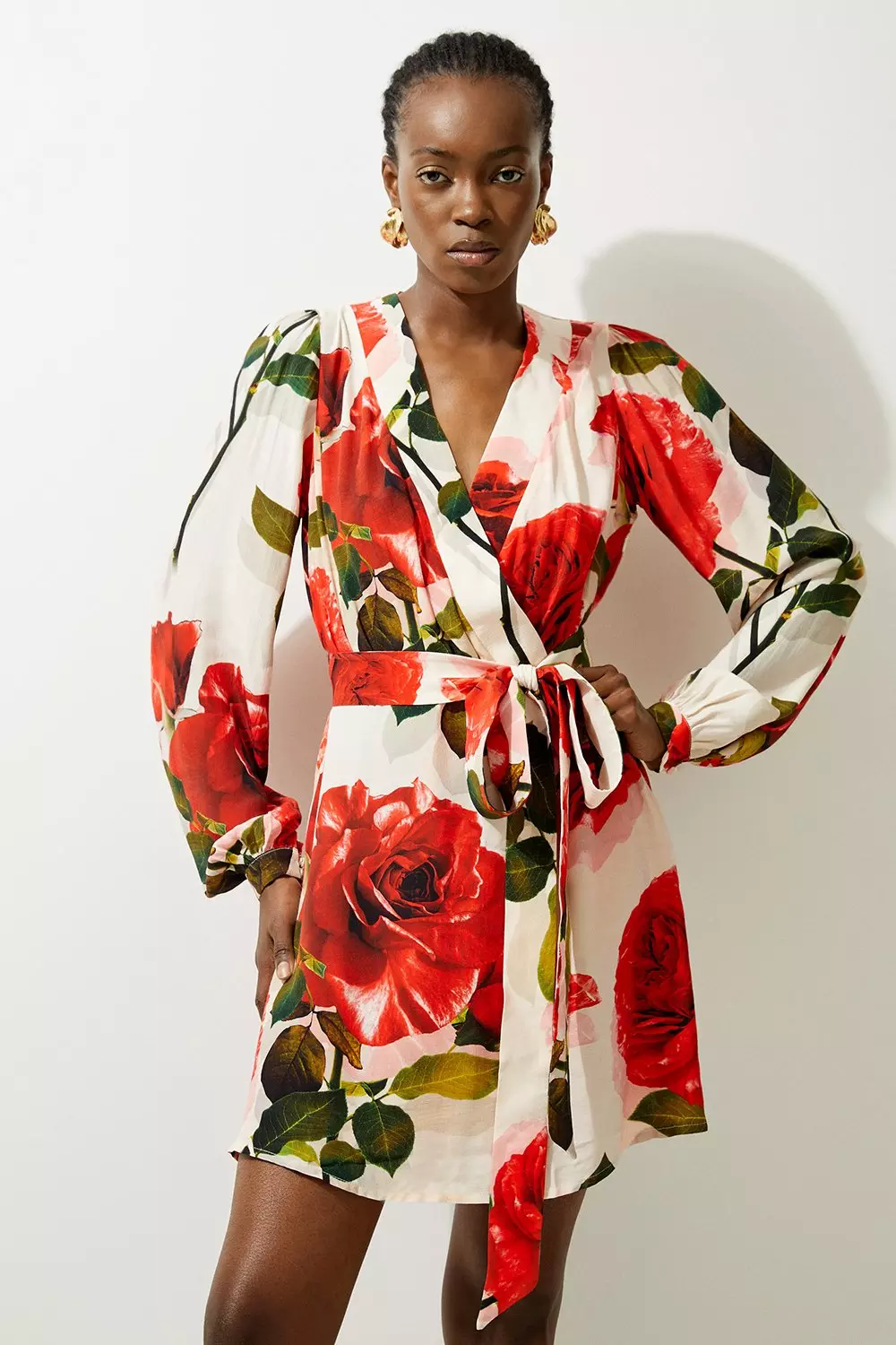 Rose print wrap dress sales