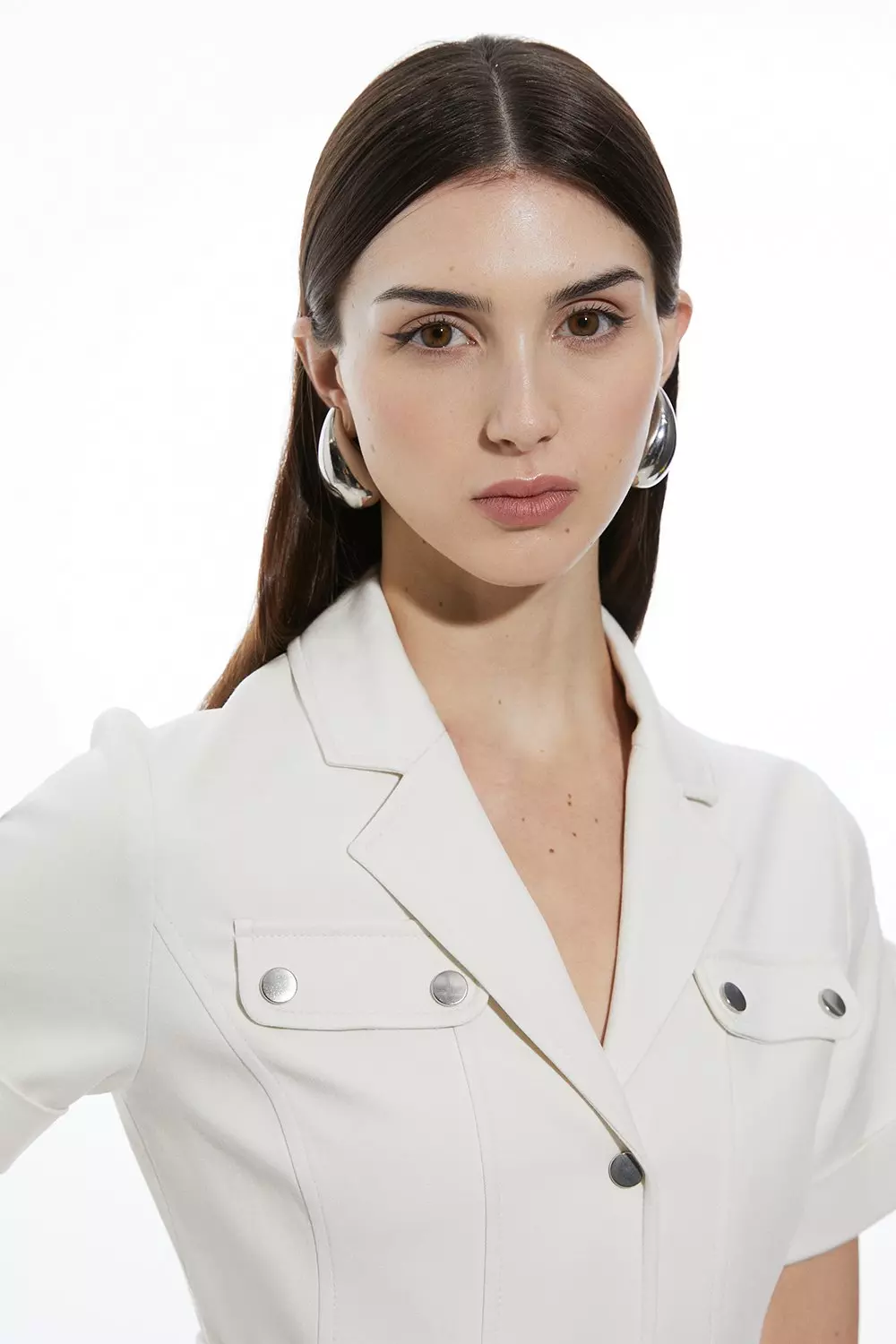 Tailored Cotton Stretch Pocketed Belted Tailored Mini Shirt