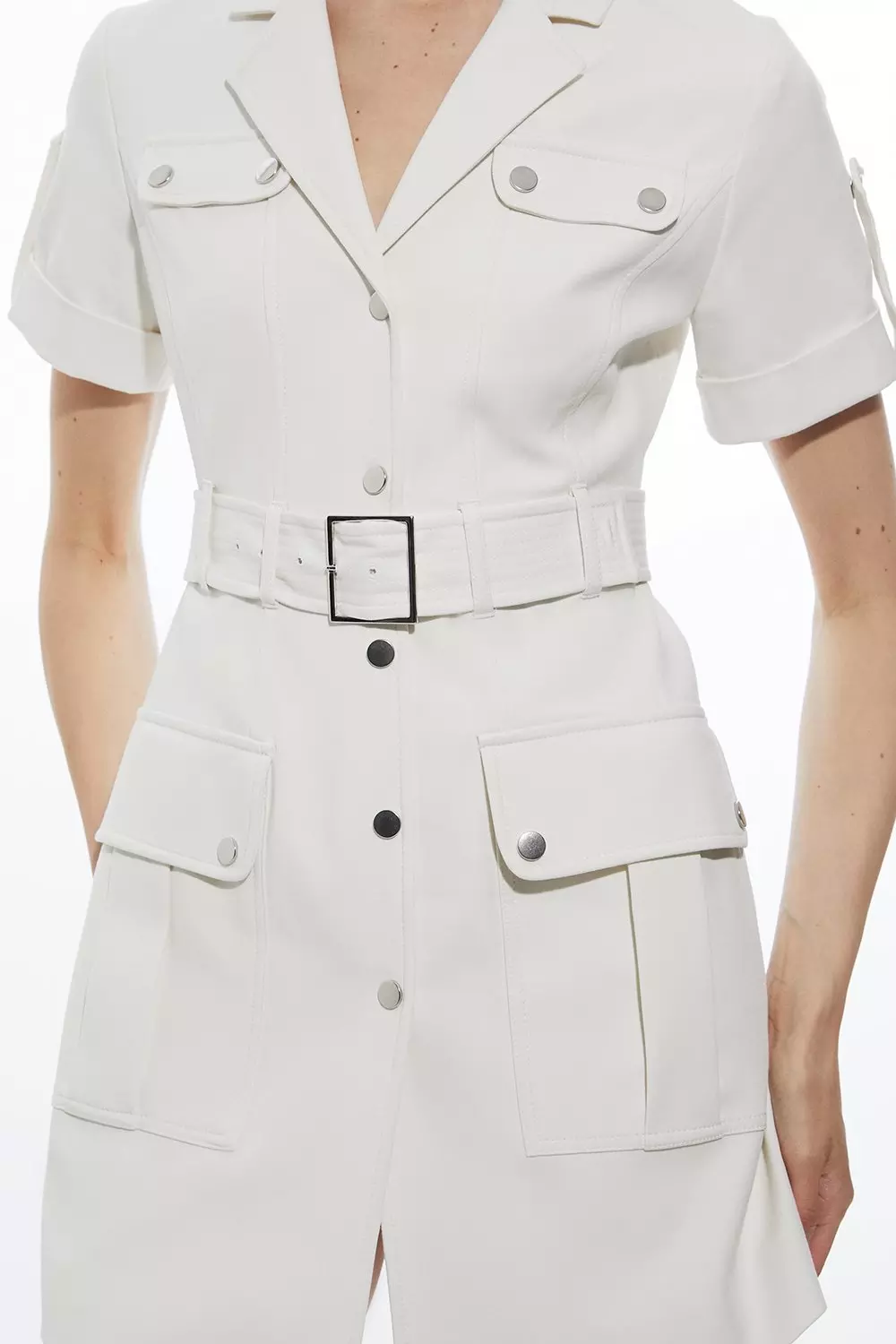 Tailored Cotton Stretch Pocketed Belted Tailored Mini Shirt