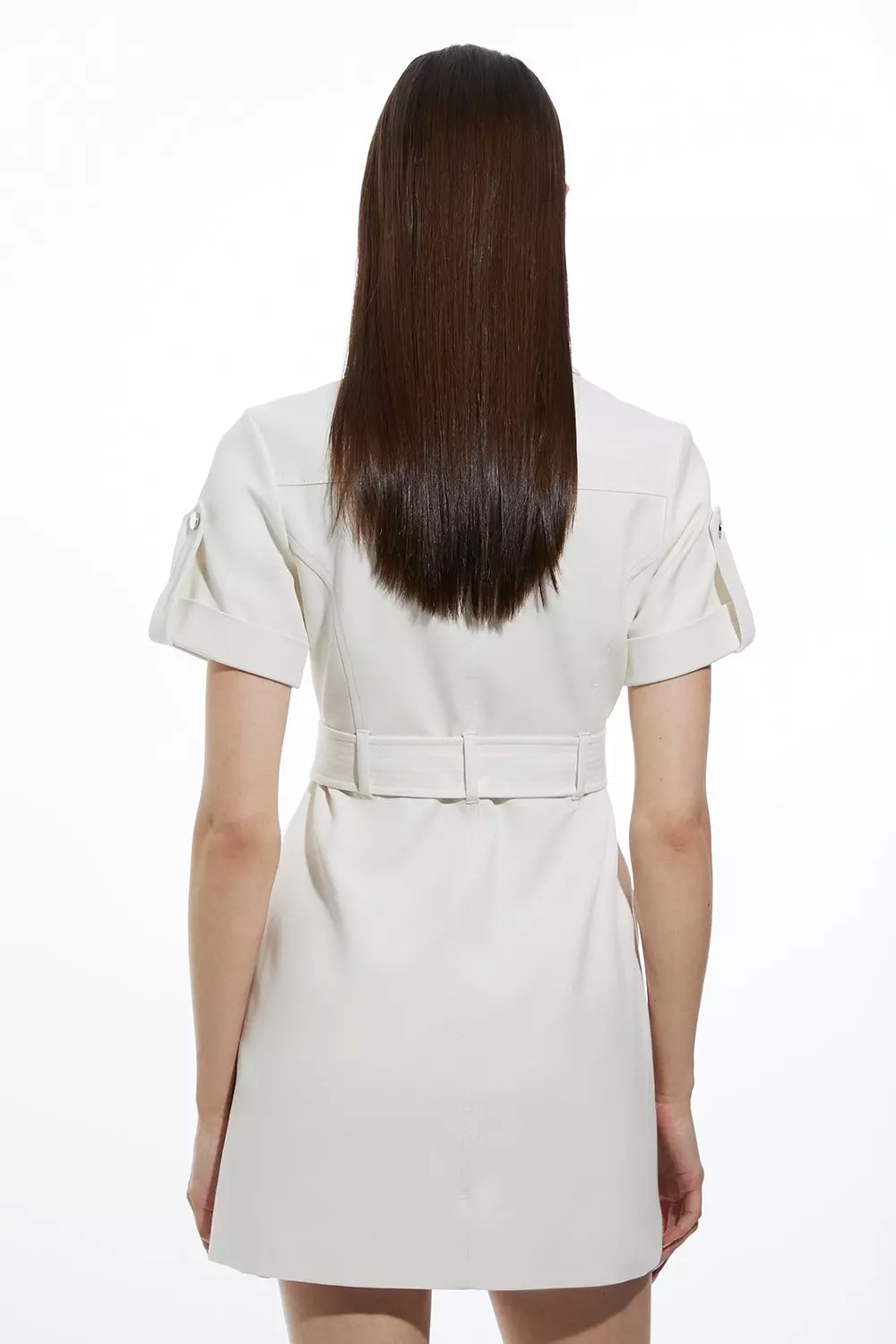 Tailored Cotton Stretch Pocketed Belted Tailored Mini Shirt