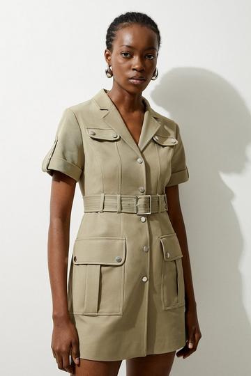 Tailored Cotton Stretch Pocketed Belted Tailored Mini Shirt Dress khaki