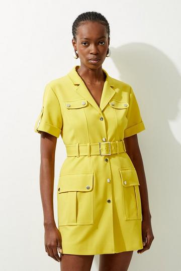 Viscose Cotton Stretch Pocketed Belted Tailored Mini Shirt Dress ochre