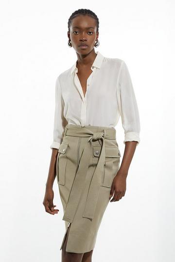 Tailored Cotton Stretch Pocket Belted Midi Tailored Skirt khaki