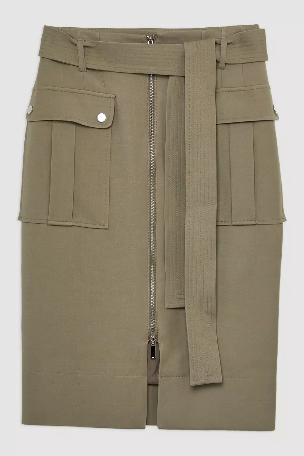 Tailored Cotton Stretch Pocket Belted Midi Tailored Skirt