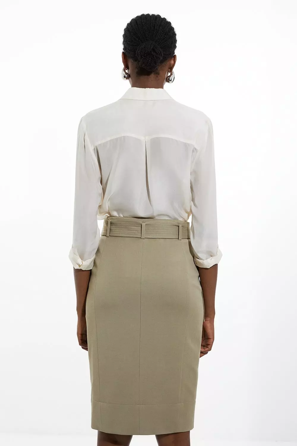 Tailored Cotton Stretch Pocket Belted Midi Tailored Skirt