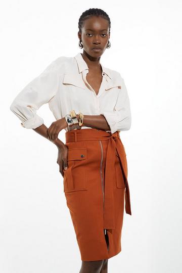 Tailored Cotton Stretch Pocket Belted Midi Tailored Skirt rust