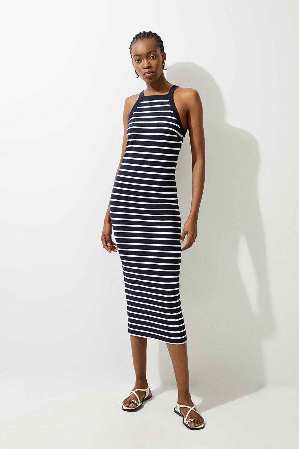 Petite Stripe Stretch Cotton Jersey Halter Midi Dress | Karen Millen