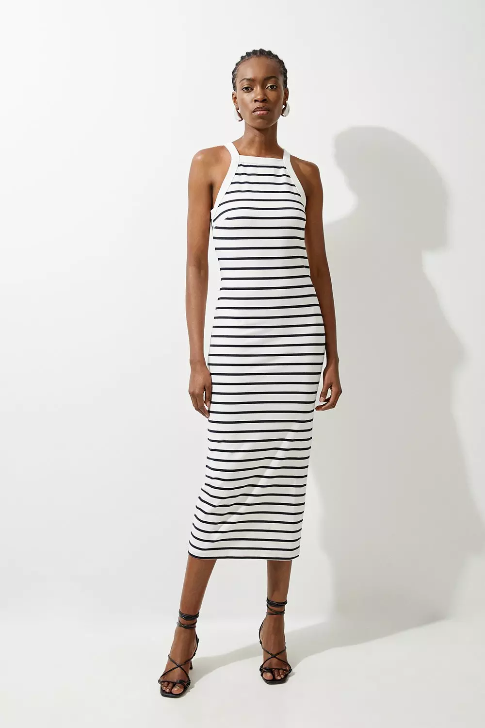 Petite Stripe Stretch Cotton Jersey Halter Midi Dress Karen Millen