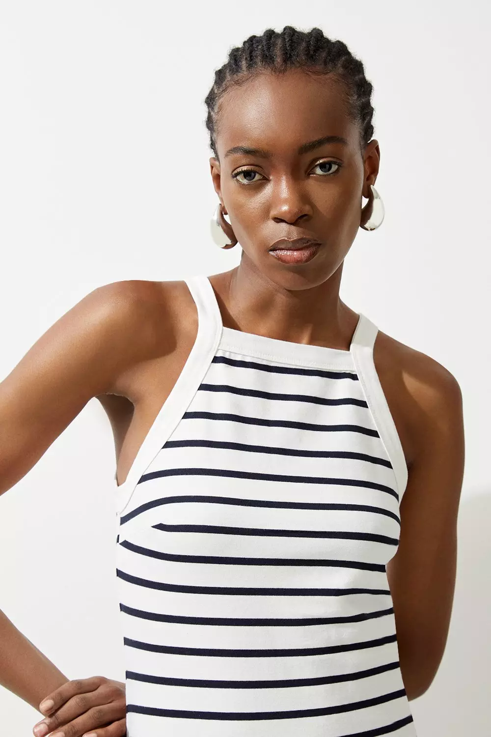 Petite Stripe Stretch Cotton Jersey Halter Midi Dress
