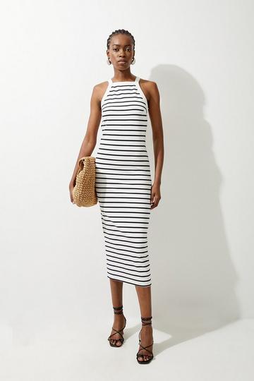 Ivory White Stripe Stretch Cotton Jersey Halter Midi Dress