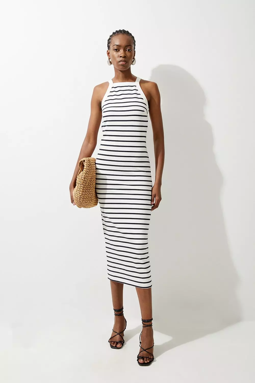 Stripe Stretch Cotton Jersey Halter Midi Dress Karen Millen