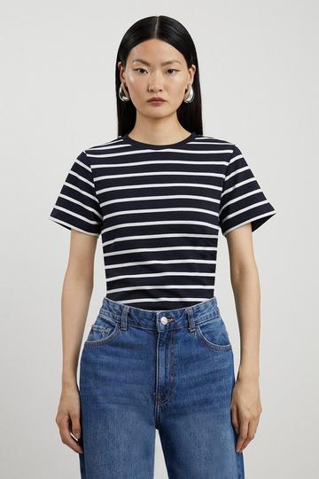 Stripe Stretch Cotton Jersey T Shirt navy