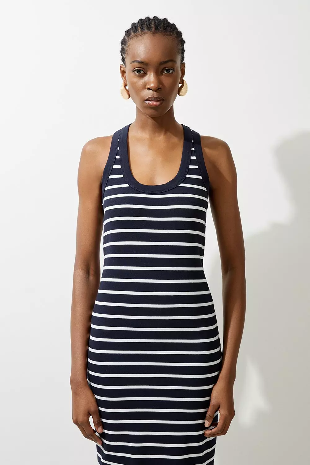 Stripe Stretch Cotton Jersey Racer Back Midi Dress Karen Millen