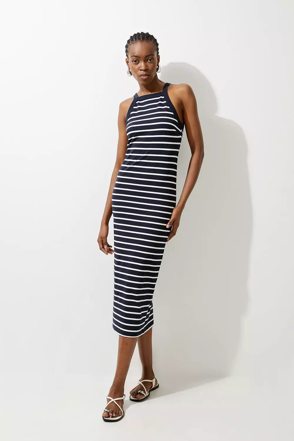 Stripe Stretch Cotton Jersey Halter Midi Dress Karen Millen