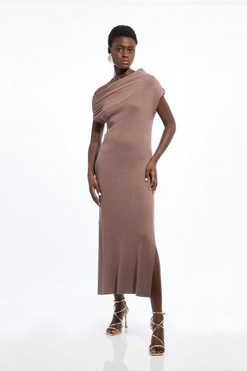 Cashmere Blend One Off The Shoulder Maxi Dress taupe