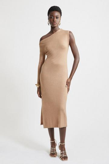 Cashmere Blend One Shoulder Asymmetric Midaxi Dress camel