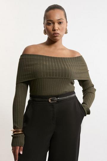 Plus Size Viscose Blend Bardot Knit Jumper olive