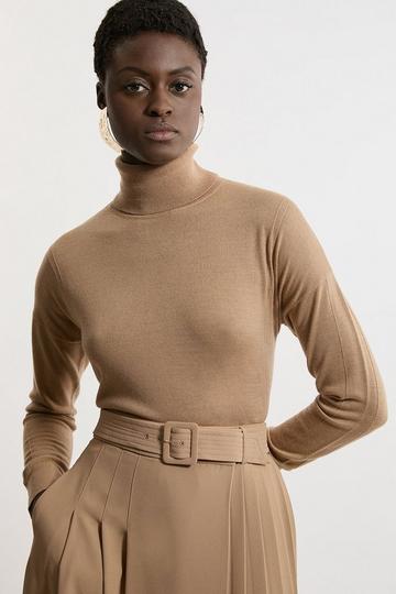 Extra Fine Merino Framed Turtleneck Knit Sweater camel