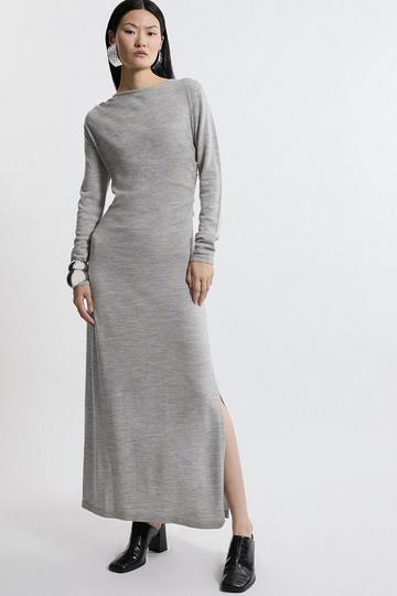 Grey Extra Fine Merino Gathered Detail Maxi Dress