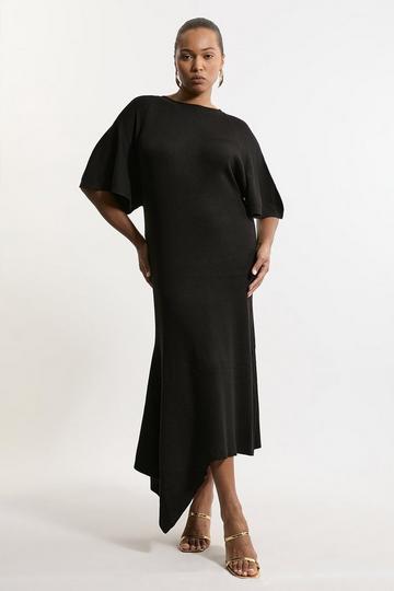 Plus Size Viscose Blend Angel Sleeve Rib Knitted Midaxi Dress black