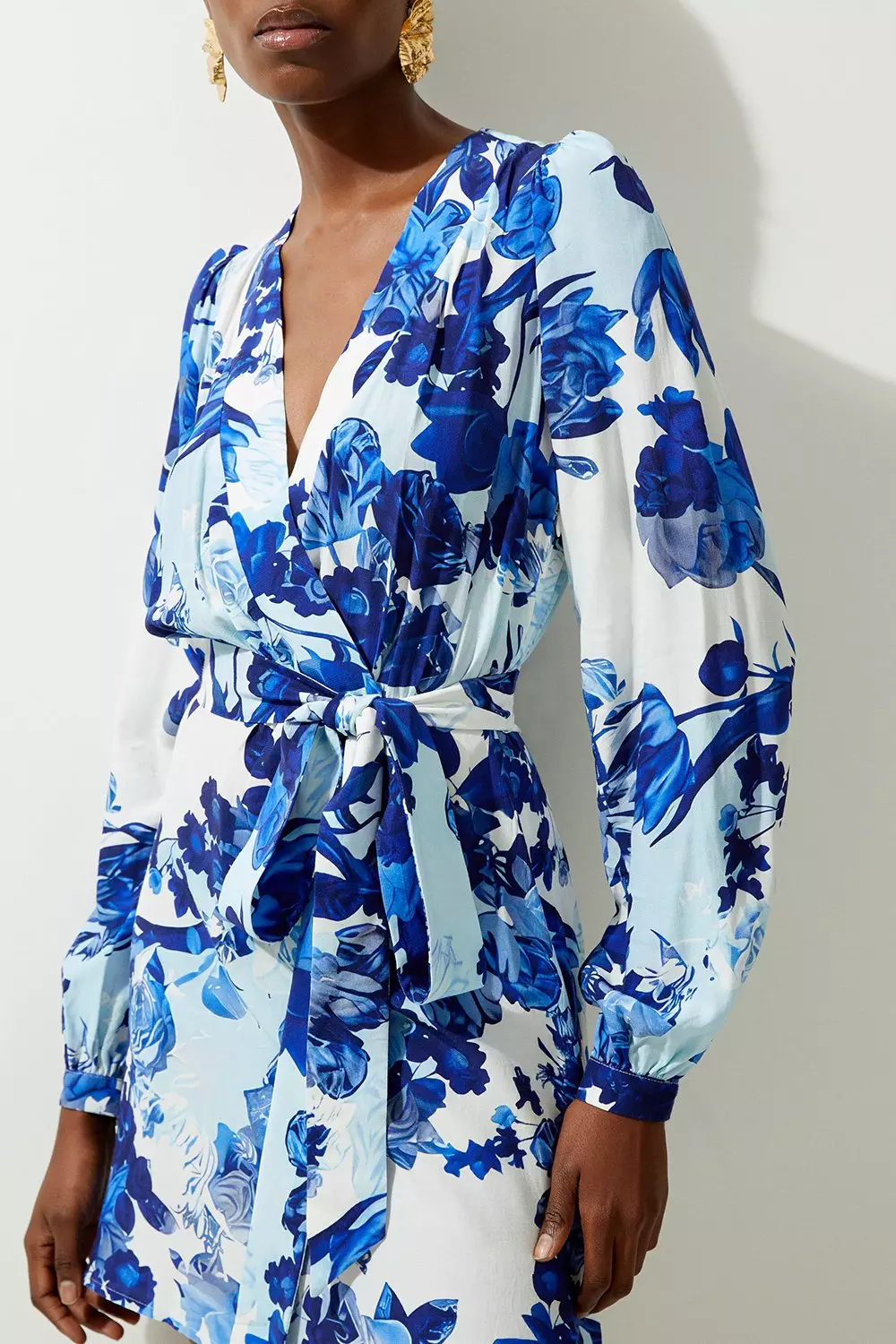 Petite Floral Printed Morocain Woven Wrap Mini Dress | Karen Millen