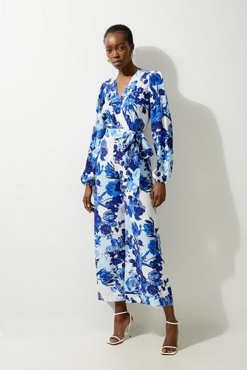 Floral Printed Morocain Woven Jumpsuit blue