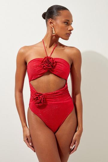 Red Premium Embellished Rosette Bandeau Swimsuit