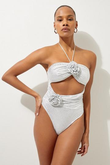 Premium Embellished Rosette Bandeau Swimsuit white
