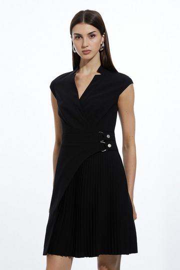 Petite Military Pleat Notch Neck Wrap Tailored Mini Dress black