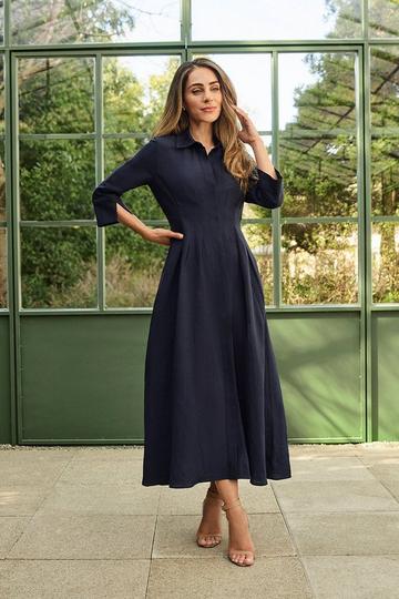 Lydia Millen Premium Tailored Linen Darted Waist Midi Dress navy