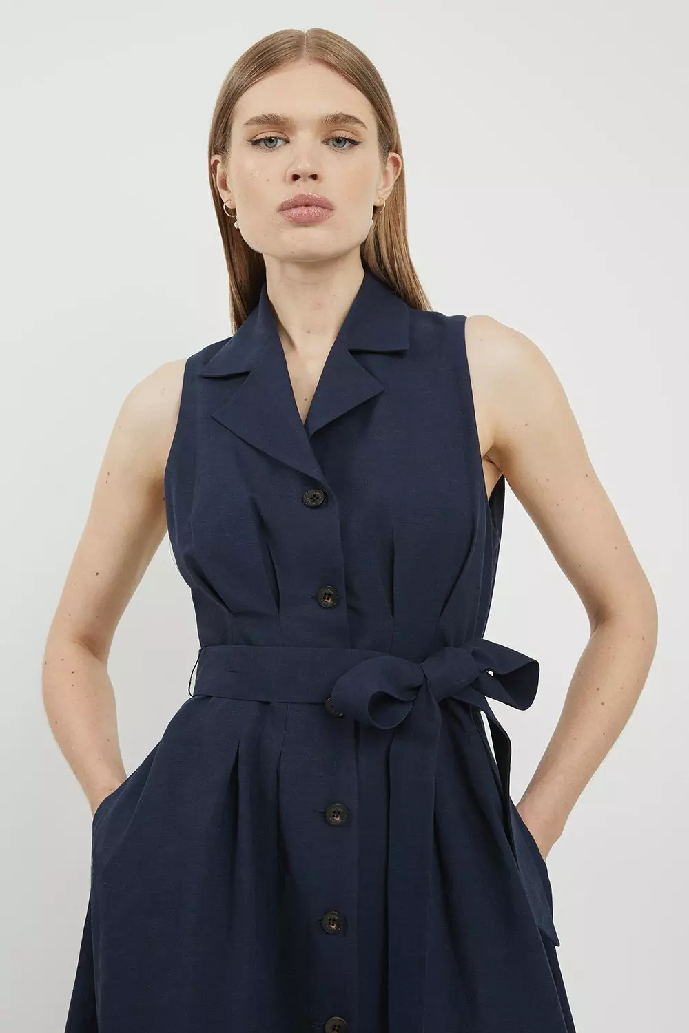 Navy Lydia Millen Premium Linen Tailored Belted Sleeveless Midaxi Shirt Dress alternative image